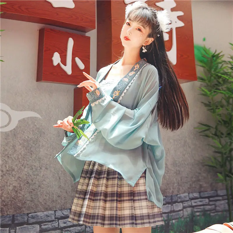 Han Costume Fairy Student Han Element Short Grid Skirt Suit Summer