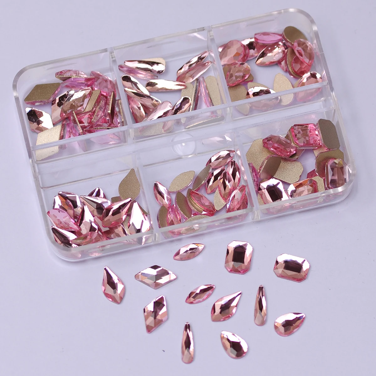 

6 Grids/Box Mixed Shapes Light Rose Nail Rhinestones Nail Charms Accesories Flat Bottom Glitter Gems DIY Nails Art 3D Decoration