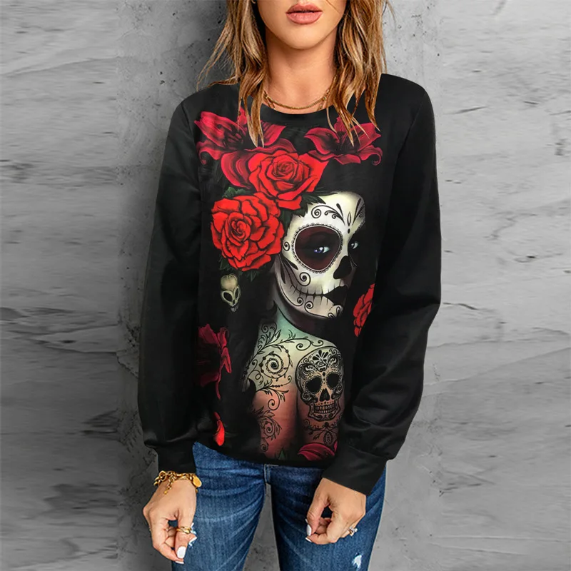 

Женская футболка с длинным рукавом, принтом и круглым вырезом