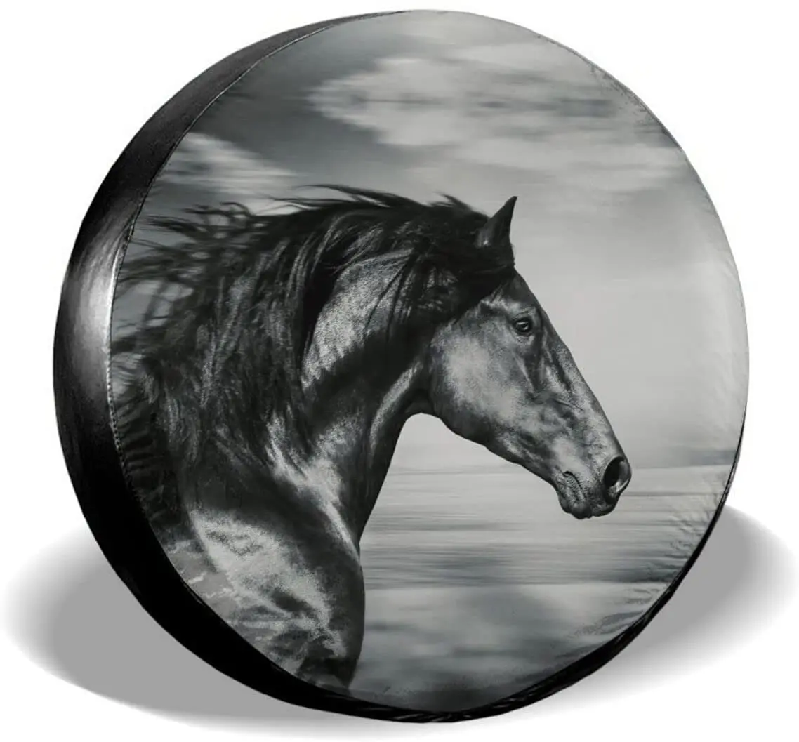 

Spare Tire Cover Running Horse Tire Cover Retro Black and White Horse Race Animal Wheel Cover Universal Dustproof Fit for Camper