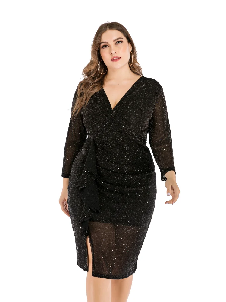 Plus-size fat MM dress fall/winter sheer V-neck slim split dress plus size dress  v neck dress  plus size feminino