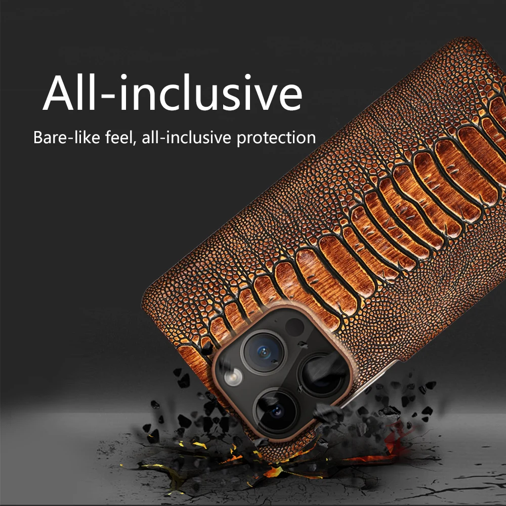 Luxury Genuine Cowhide Leather case For iPhone 14 Pro Max Plus 13 12 Mini 11 XS XR Retro Vintage Ostrich Foot Armor Back Cover