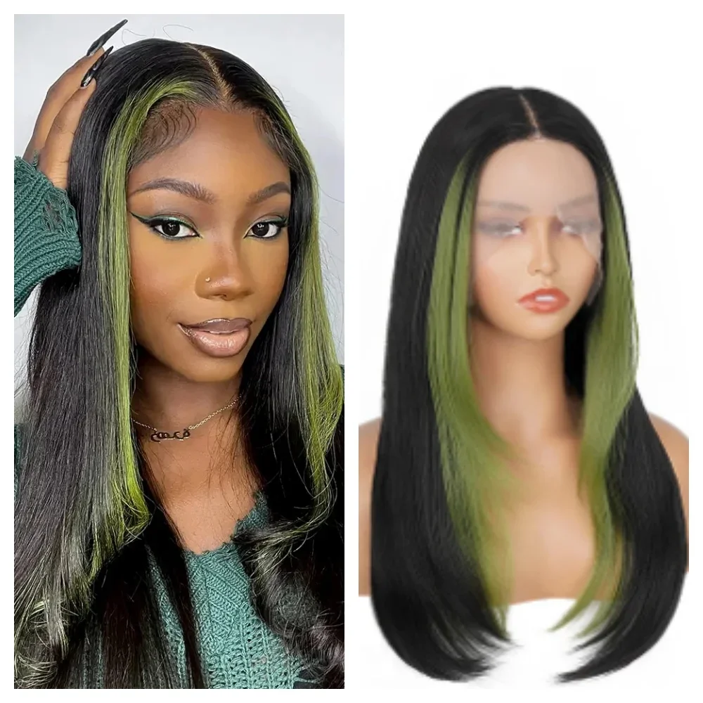 

Green Layered Front Wig Straight 13x4 Lace Frontal Wig Synthetic Glueless Wig Layered Cut Lace Front Wig for black Women