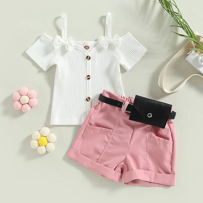

Kids Girls Shorts Set, Short Sleeve T-shirt with Rolled Hem Shorts and Waist Bag Summer Casual Outfit