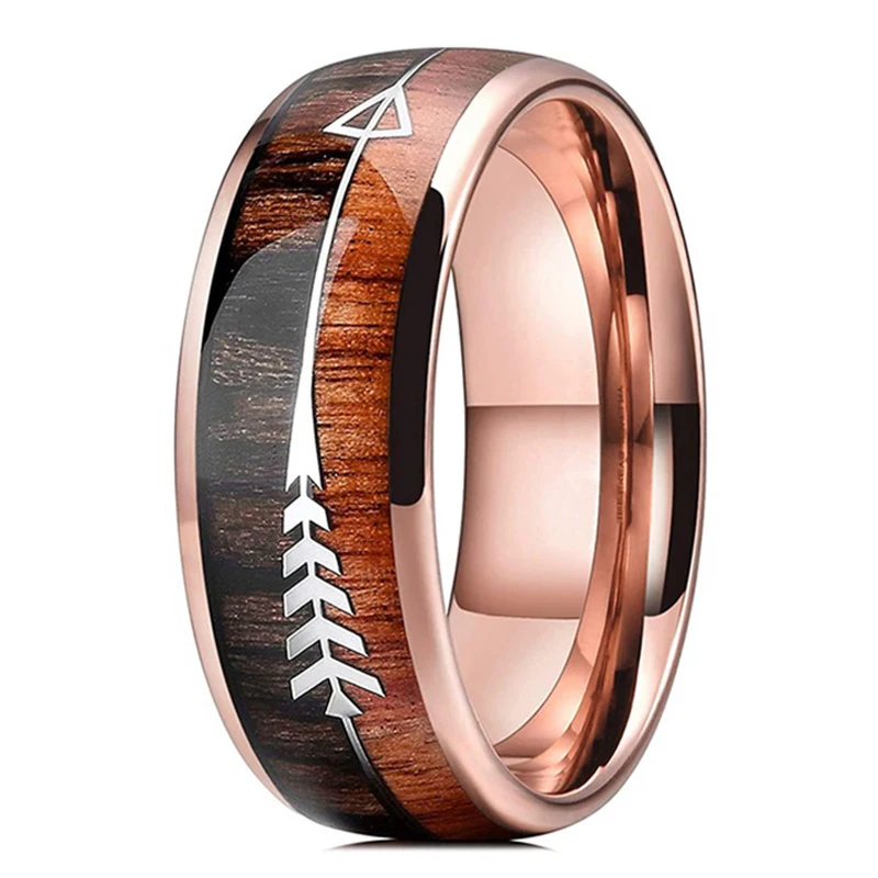 

Fashion 8mm Men's Rose Gold Color Stainless Steel Arrow Rings for Men Women Inlaid Koa Wood Wedding Band Jewelry Drop Shipping