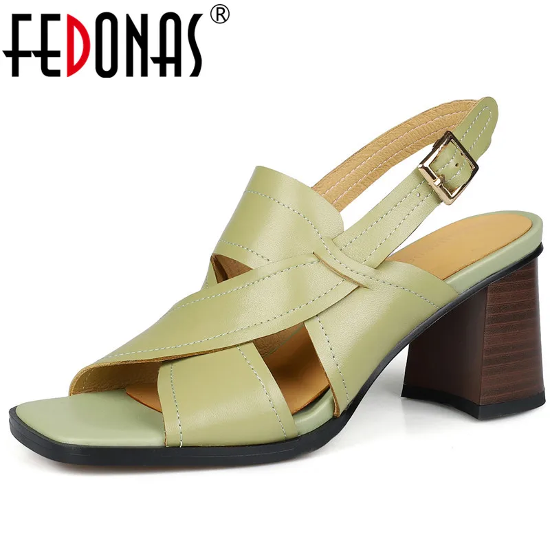 

FEDONAS Women Sandals Fashion Concise New Genuine Leather Summer Hollow Pumps Thick High Heels Peep Toe Shoes Woman Casual Party