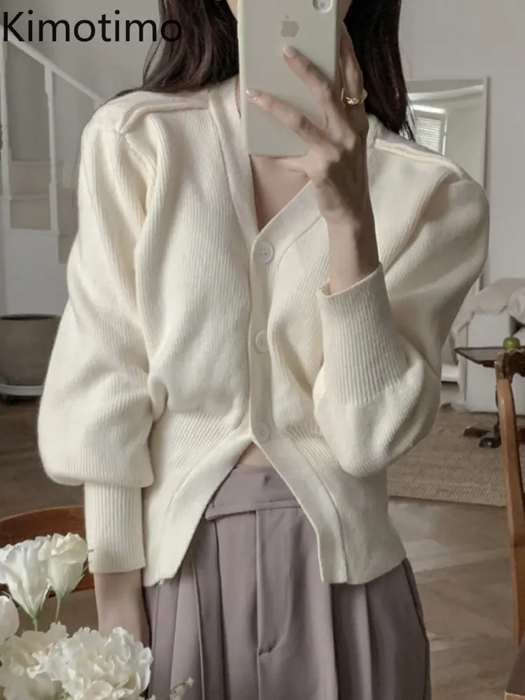 

Kimotimo вязаный Укороченный кардиган, Женский Осенний однотонный тонкий свитер с V-образным вырезом и разрезом, корейский шикарный Простой Лег...