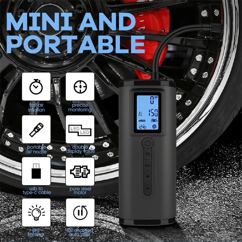 Portable Car Air Compressor Wireless for Motorcycles Bicycle Tyre Inflator Digital Mini Auto Inflatable Air Pump