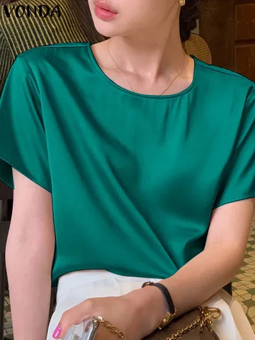 Элегантная однотонная атласная блузка VONDA, женские рубашки 2024, летние топы с коротким рукавом, повседневные свободные шелковые блузки большого размера
