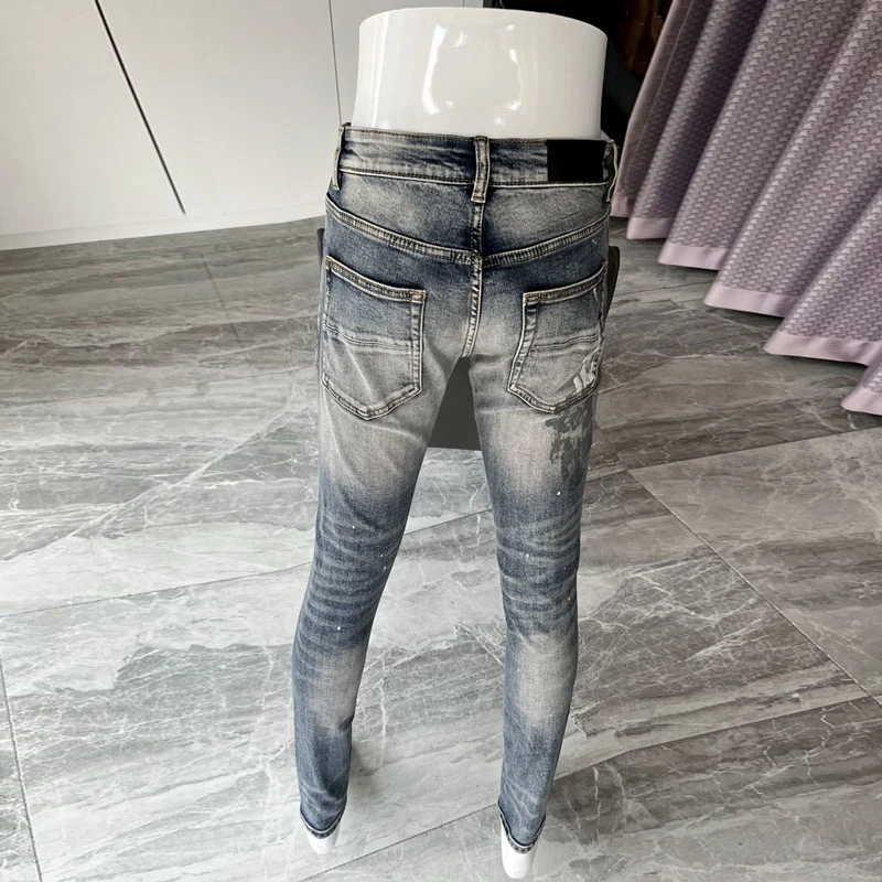 Street Fashion Men Jeans Retro Gray Blue Elastic Slim Fit Painted Ripped Jeans Men Patched Designer Hip Hop Brand Pants Hombre
