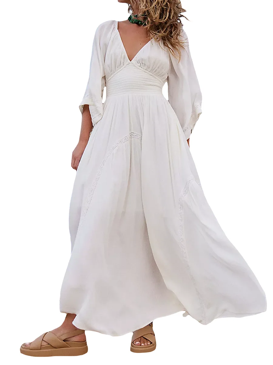 

Женское длинное платье-трапеция с рукавом 3/4 и V-образным вырезом