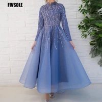 fivsole glitter beaded tulle evening dresses 2022 for bride long sleeves a line tea length robes de soir%c3%a9e vestidos de fiesta