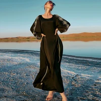 muslim fashion black satin asymthatical batwing sleeve robe baya diamond cape cloak abaya dubai turkey muslim dress elegant