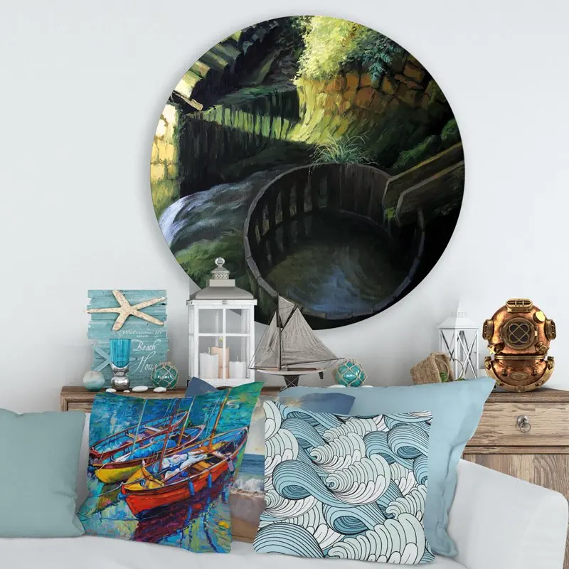 

'Old Watermill In Green Nature Landscape' Lake House Circle Metal Wall Art 36x36 - Disc of 36