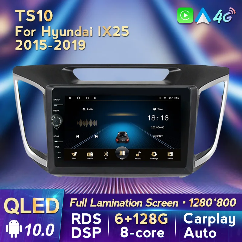 

Автомобильный радиоприемник для Hyundai IX25 2015-2019, GPS-навигация, Android 10, 9-дюймовый QLED экран, 6 + 128G, встроенный Carplay + Авто RDS DSP WIFI 4G BT