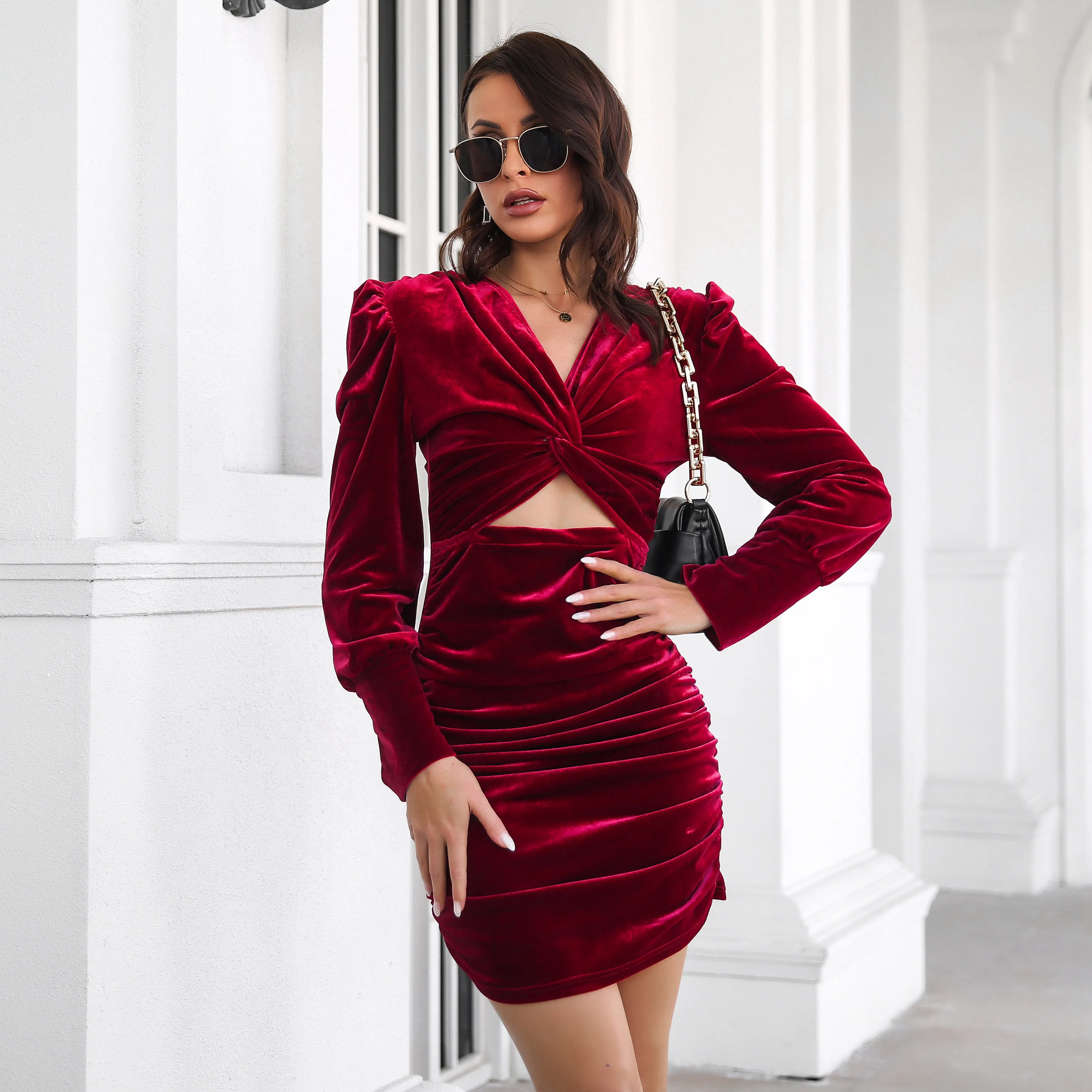 

2023 Fashion Golden Velvet Pleated Dress for Women Spring and Autumn New Bubble Sleeves Sexy Party Wrap Hip Skirt Top Y2k