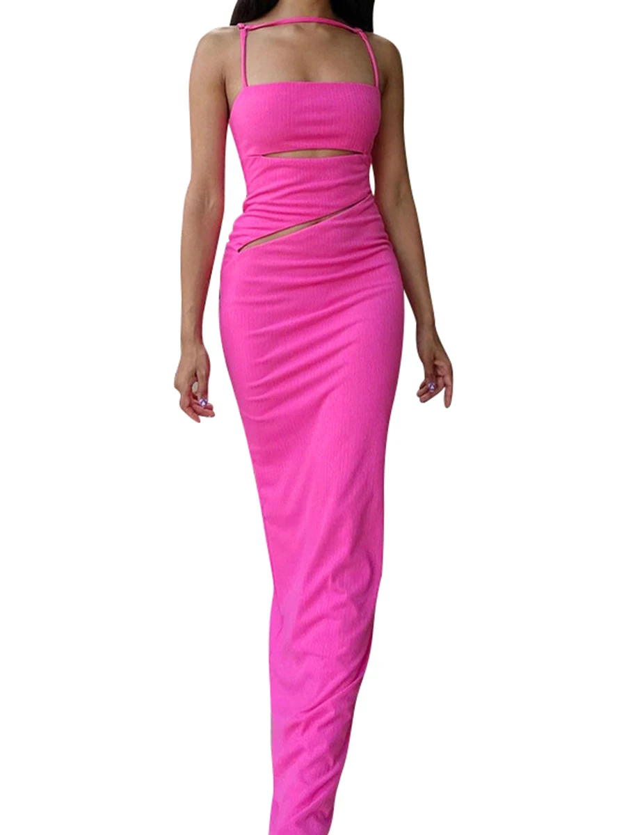 

Женское платье на бретелях-спагетти, длинное платье без рукавов с открытой спиной и лямкой на шее, с разрезом, длинное платье