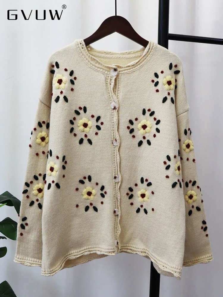 

GVUW Embroidery Knitted Cardigan For Women 2023 Autumn New O-neck Single Breasted Long Sleeve Korean Sweater Coat Female 17G2322