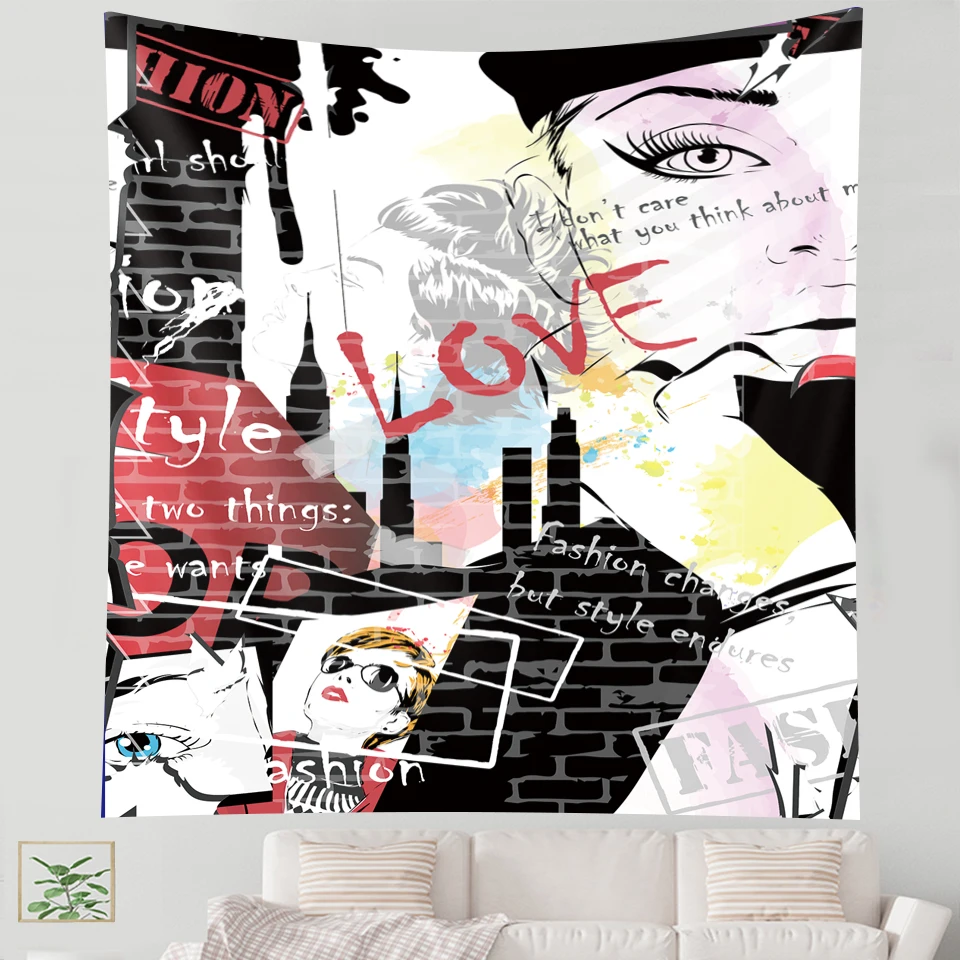 

Knitted polyester thin tapestry drawing line art color picture tapestry wall hanging living room bedroom decorative mat beach to