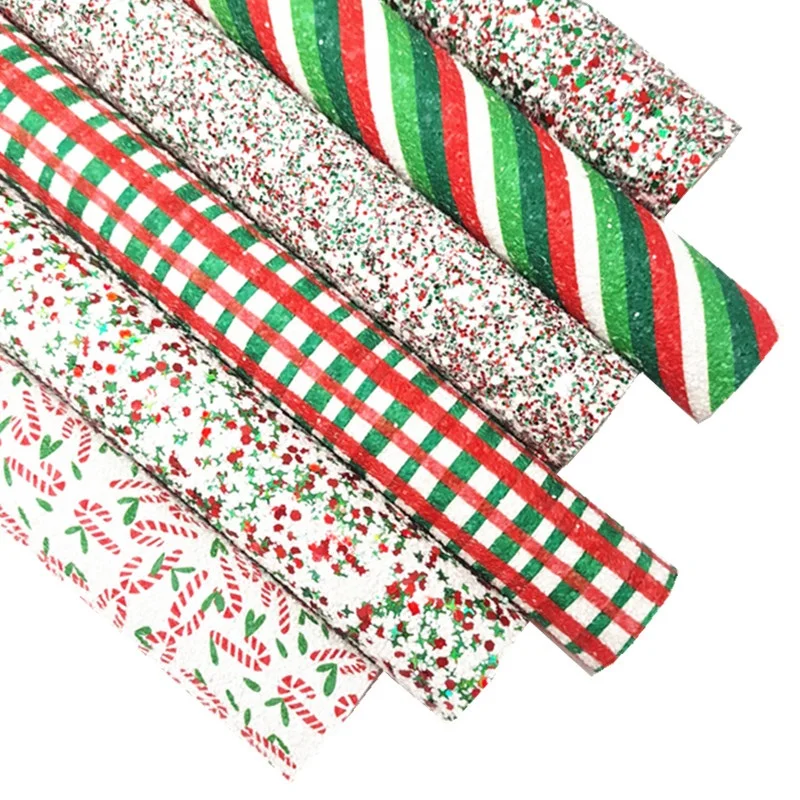 Christmas Glitter Leather Sheet Red Green White Glitter Faux Stipres Grids Printed Glitter Fabric for DIY Craft 8.2