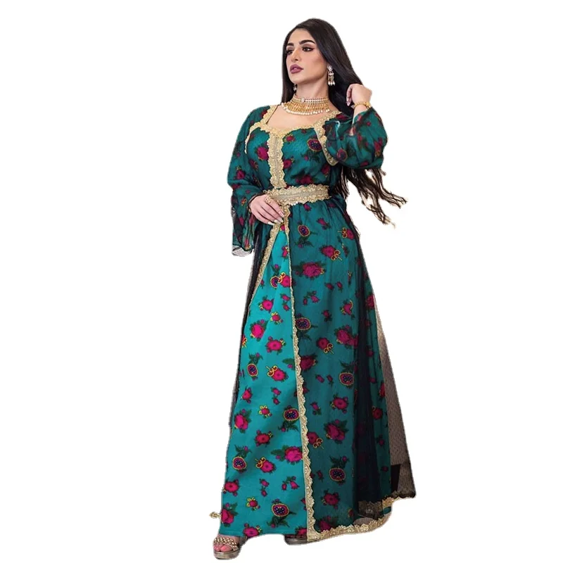 Abayas For Women Middle Eastern Ethnic Print Embroidery Lace Gauze Dress Dubai Muslim Woman Robe Femme Musulmane