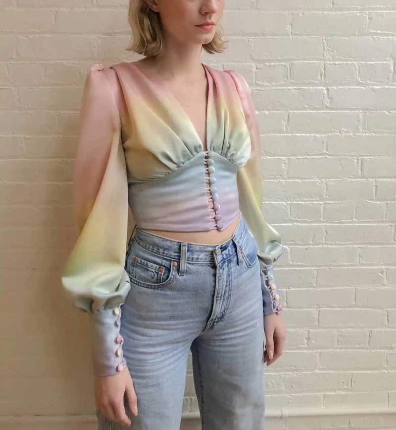 

Топ женский с длинным рукавом-фонариком, V-образным вырезом и пуговицами