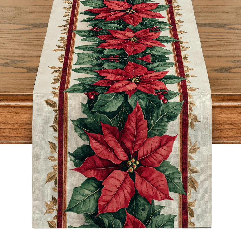 Фото Рождественские дорожки для стола с лентой Poinsettia Holly, декор для комода для кухни, праздничная вечеринка, дорожка для стола, моющаяся обеденная длинная ткань №1