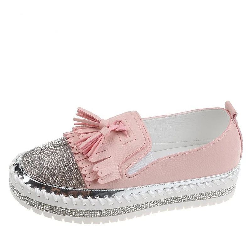 

Женские туфли с круглым носком, розовые туфли на платформе с бахромой и кристаллами, большие размеры Szie 43, 2022