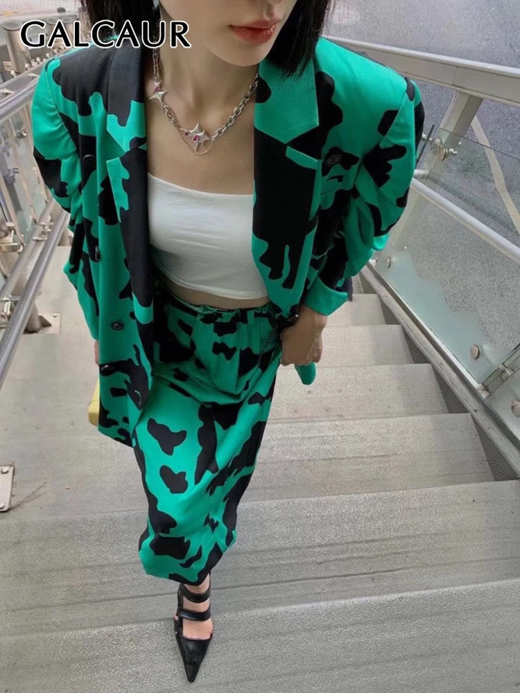 

GALCAUR Loose Print Two Piece Set For Women Notched Collar Long Sleeve Tops High Waist Midi Skirts Ruched Colorblock Sets Female