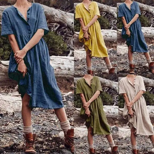 

Summer Womens Clothing Solid Color Dresses Short Sleeved Cotton And Linen Dress