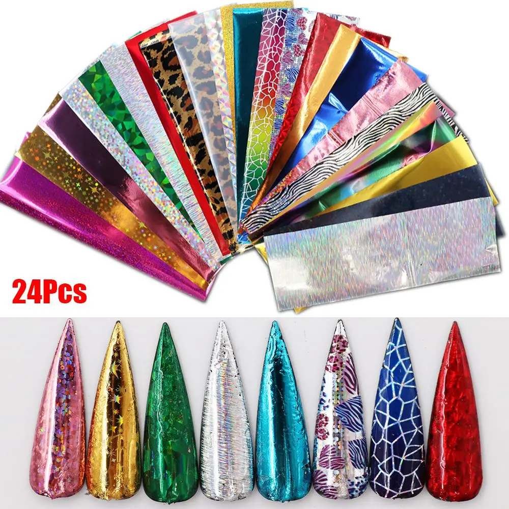 

Wrap DIY 24Pcs/Lot Starry Mixed Design Holographic Manicure Transfer Decals Nail Stickers Nail Foils Nail Art Laser