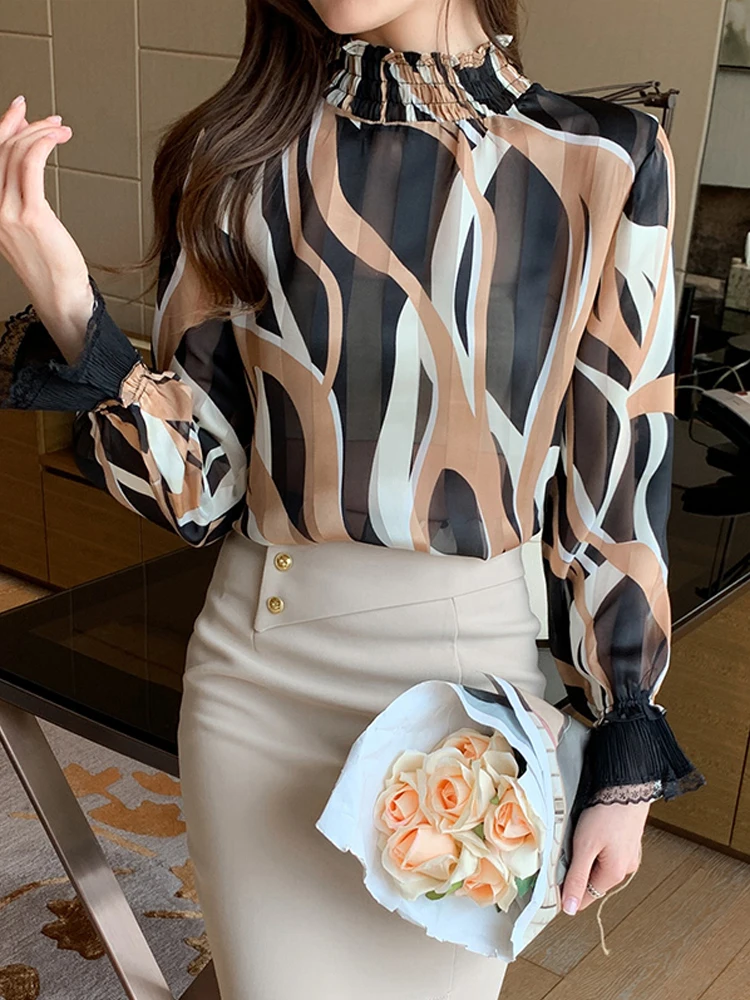 

Женская рубашка с воротником-стойкой, прозрачная шифоновая рубашка с длинным кружевным рукавом и леопардовым принтом, женские тонкие топы, ...