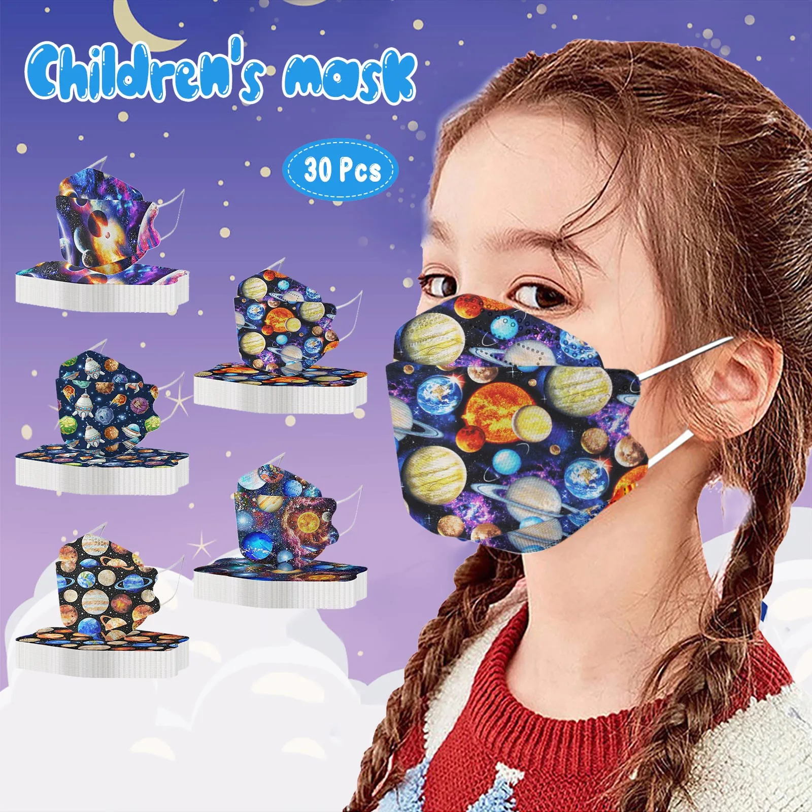 

30PC Planet Print Kids Face Mask Disposable Non Woven Children's Masque Protection Non Woven Ultrathin Girls Boys Masks Mascaril