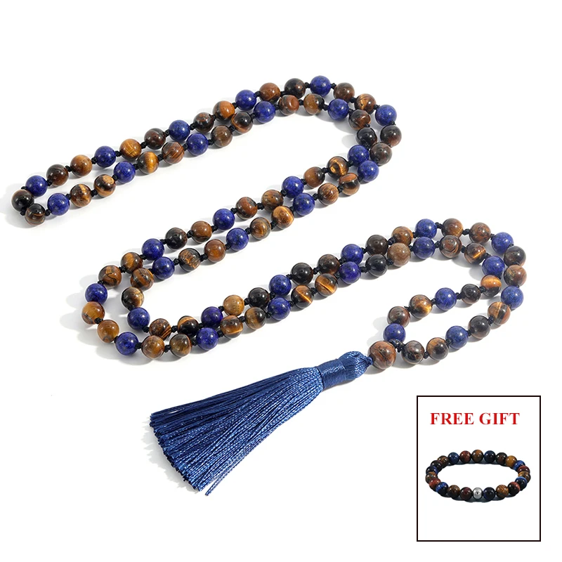 

YUOKIAA 8mm Japamala 108 Beads Natural Stones Tiger Eye Lapis Lazuli Mala Necklace for Women Men Confidence Meditation Jewelry