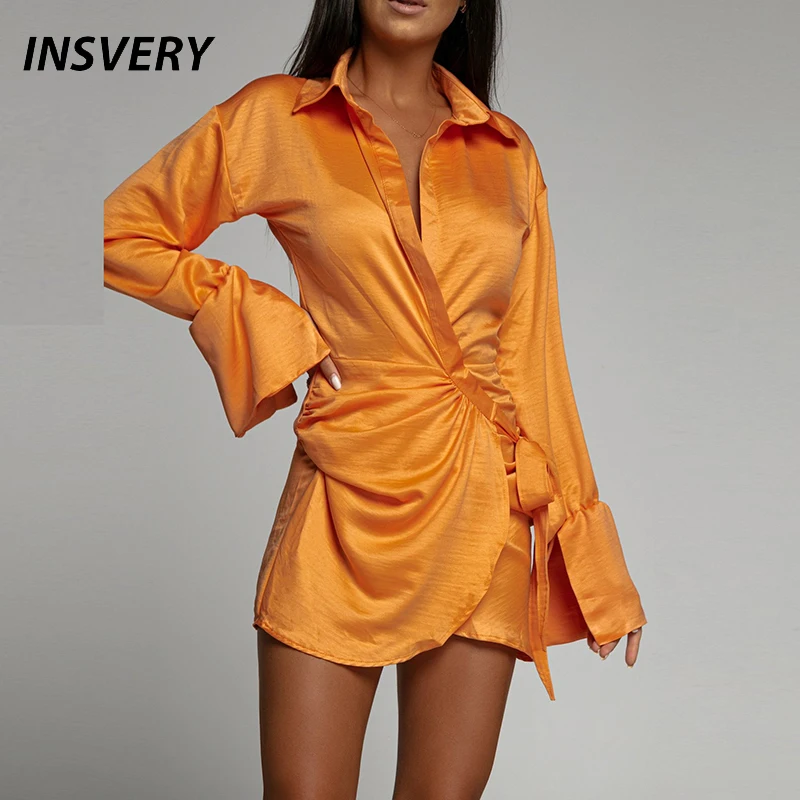

Women Casual Mini Dress 2022 Autumn Turn Down Collar Long Sleeve Party Dress Women Fashion Solid Lace Up Office Short Dress