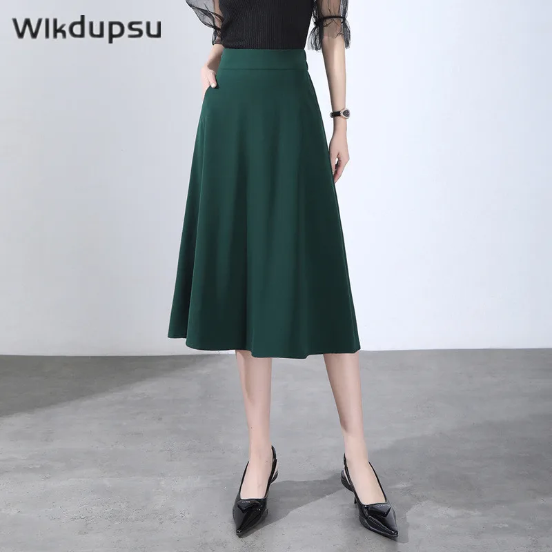 

Skirt Women Vintage Clothes Long Skirts Korean Style Office Ladies A Line High Waist Classy Elegant Pockets Design Work Wear
