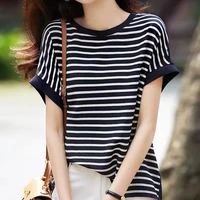 2022 blue striped femme clothing chiffon womens shirts casual spliced batwing sleeve o neck blusa tops and blouse women 1695