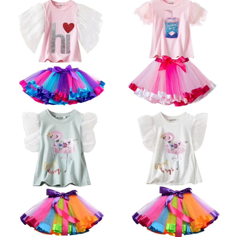 

Одежда для девочек, комплект с радугой, кружевное из тюля с цветочвечерние Том, с бантом, женская одежда для маленьких девочек, летний костюм...