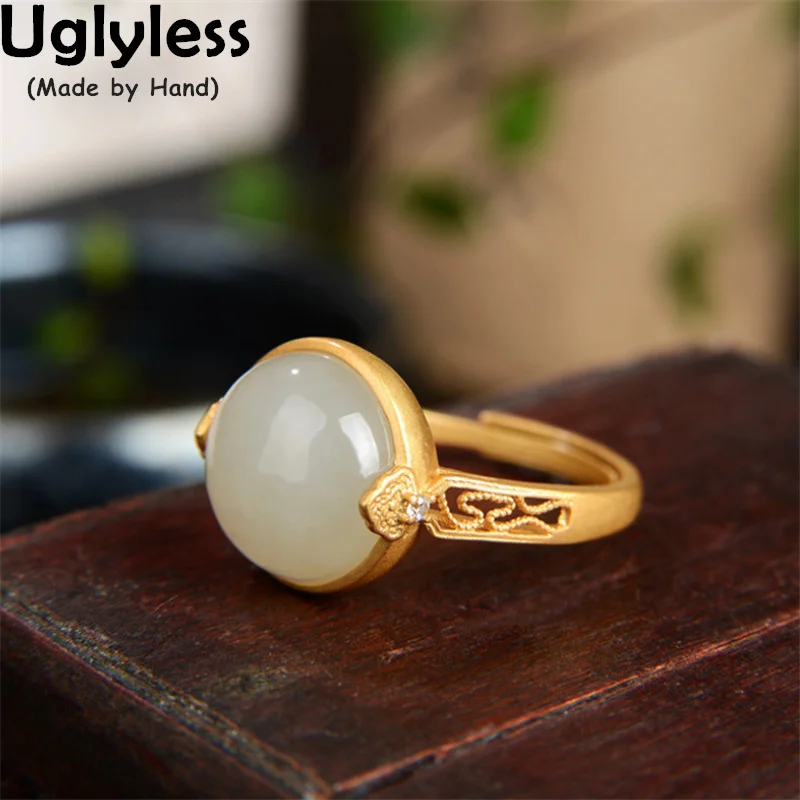 

Uglyless Perfect Round Jade Agate Rings for Women Simple Fashion Gemstones Hollow Rings Gold Ethnic Jewelry 925 Silver Bijoux