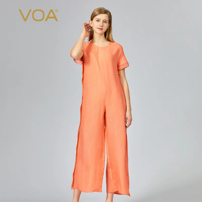 

VOA Mention Corolla Le Crepe Silk Round Neck Short Sleeve Flounces Fashion Age-reducing Loose Straight Silk Jumpsuit KE688