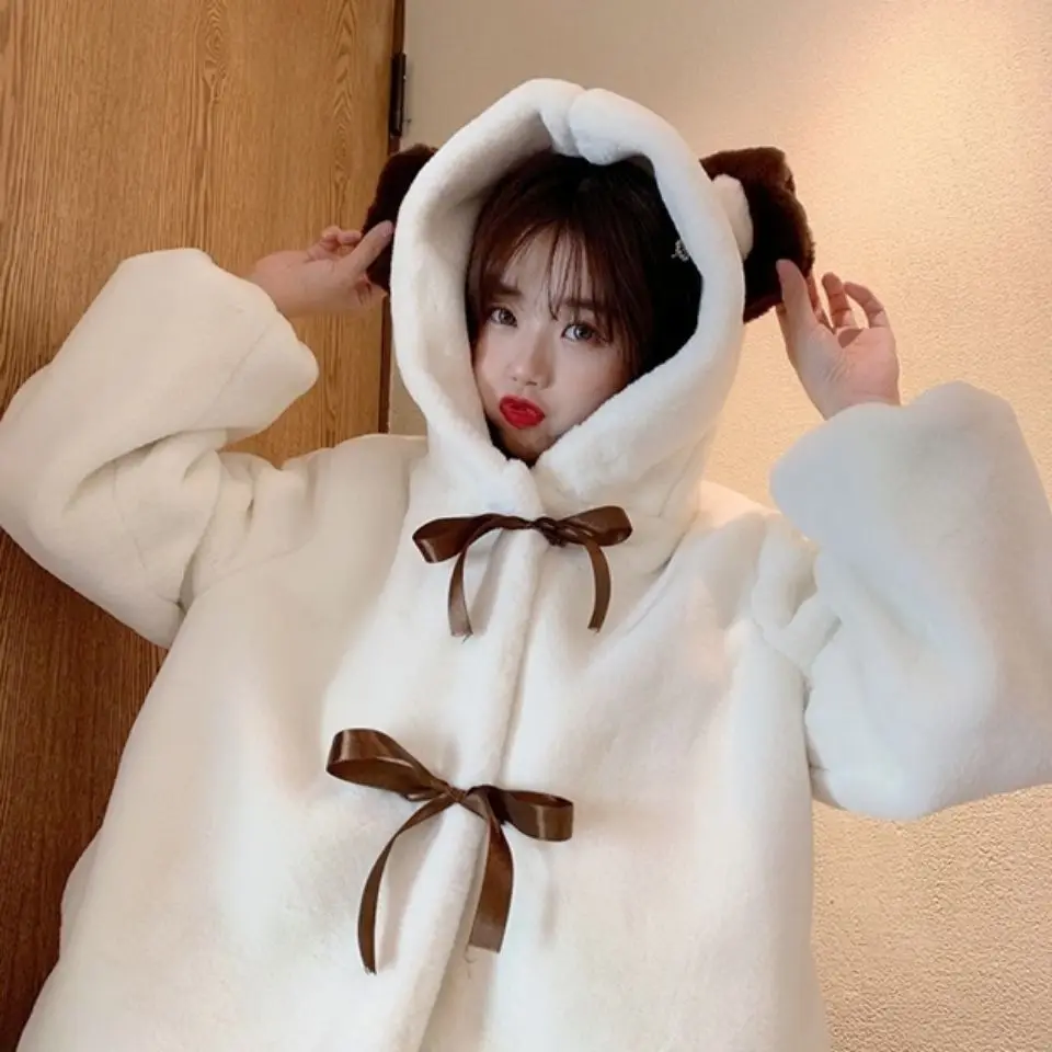 Fur Jacket Women Bear Ear Plush Jacket 2023 Winter New Korean Fashion Cute Preppy Style Oversized Hooded Loose Kawaii Fluffy