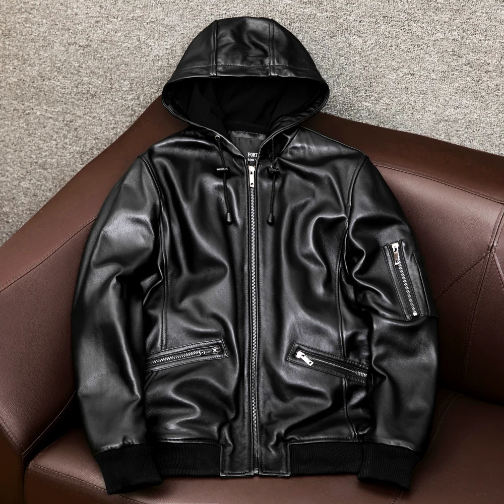 

2022 Men Spring Autumn Men New Real Sheepskin Leather Jackets Men's Casual Hooded Outerwear Male Genuine Leather Coats C207