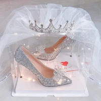 2022 trendy pointed wedding bridal high heels womens 8cm stiletto sandals party mules silver high heels girls 18 year old gift