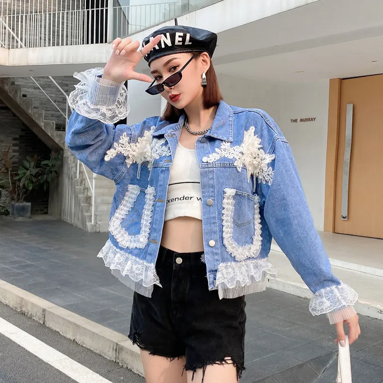 

Women Denim Coat Fashion Mesh Ruffles Stitched Jean Jacket Loose Casual Female Denim Tops Spring Autumn 2022 New