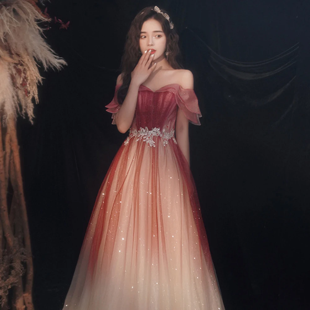 Burgundy 2022 new banquet temperament evening dresses thin shoulder evening dresses graduation dresses women young fashion