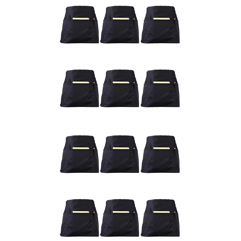 

12 Pack Black Waist Aprons With 3 Pockets - Half Aprons For Waitress Waiter 24 X 12 Inch Server Aprons