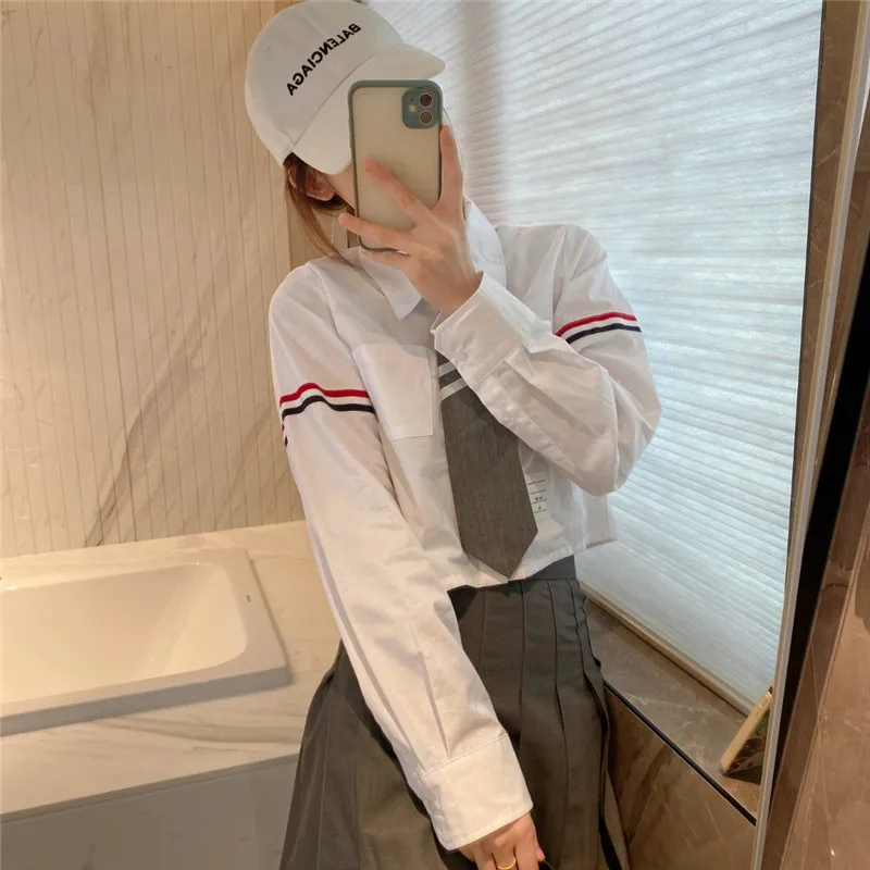 

High Quality TB Korean Style Niche Design Sense Tie Short Color Contrast Webbing Thin Shirt Long-sleeved Top Women's Autumn