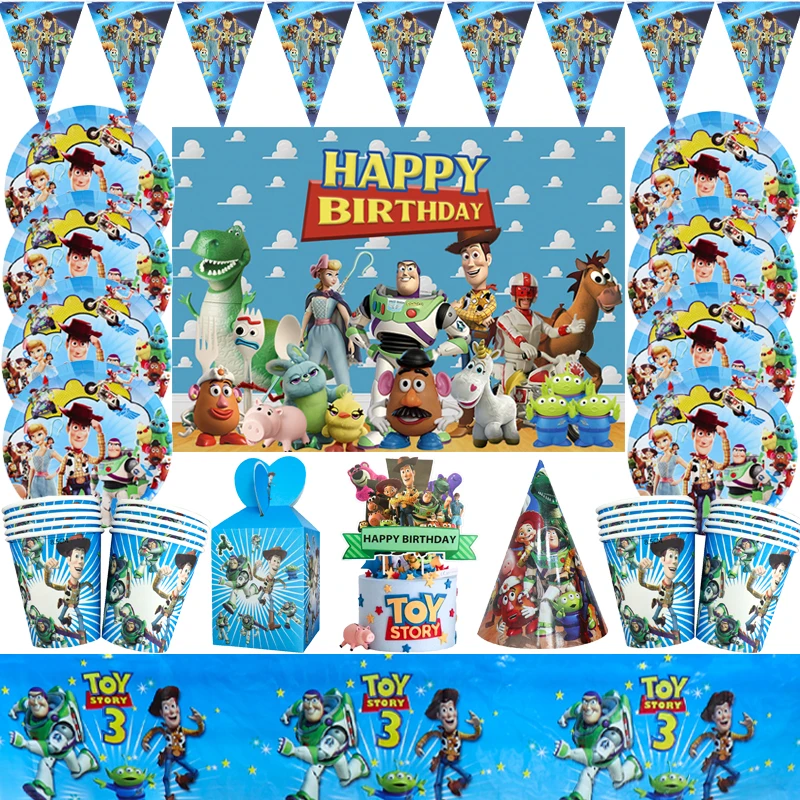 

Тема История игрушек, украшения для детского дня рождения, одноразовая посуда, тарелки, салфетки, чашки, соломинки, баннеры