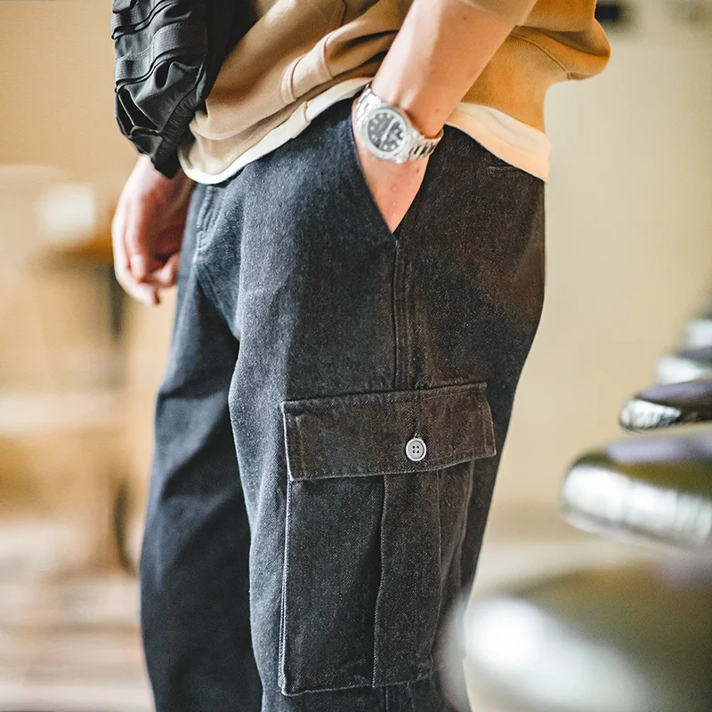 Maden Retro Baggy Jeans Big Pocket Twill Denim Washed Jeans Straight Loose Cargo Pants Hip Hop Streetwear Men Casual Trousers