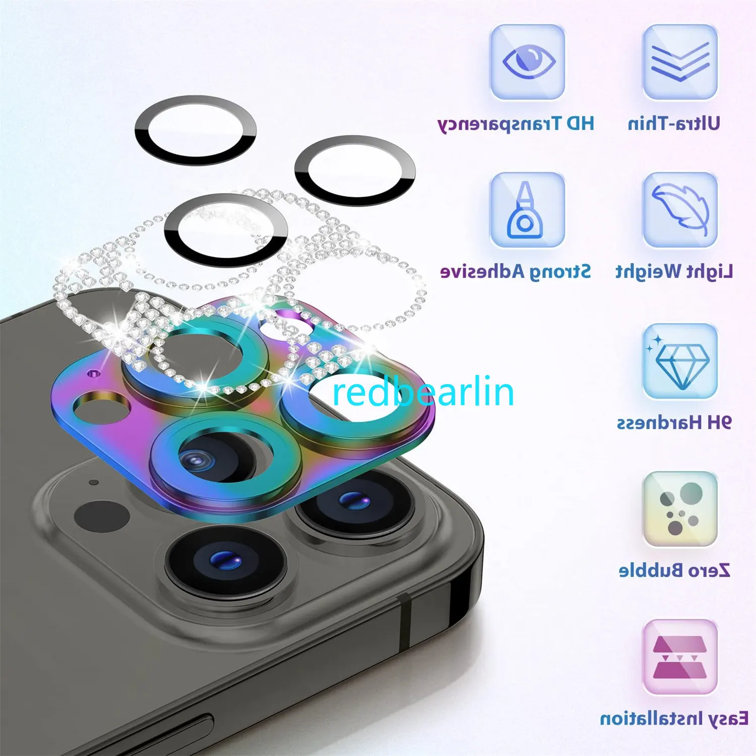 50pcs Glitter Diamond Bling Camera Lens Protector Cover On For iPhone 11 12 13 Mini 14 Pro 14 Plus 14 Pro max Protector Sticker